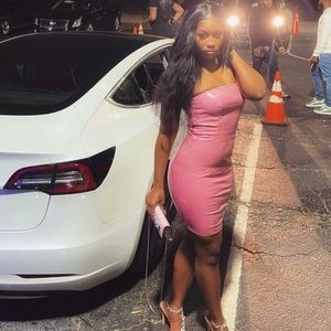 Pink latex tube top bodycon mini dress